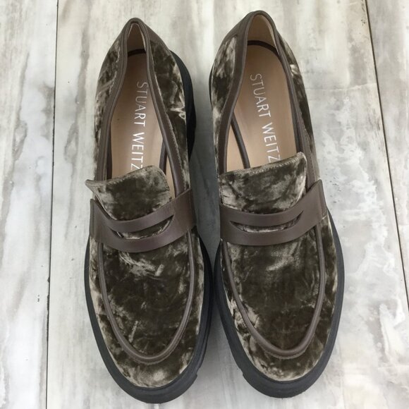 Stuart Weitzman Crushed Velvet Olive Loafers 8.5 - Picture 2 of 10
